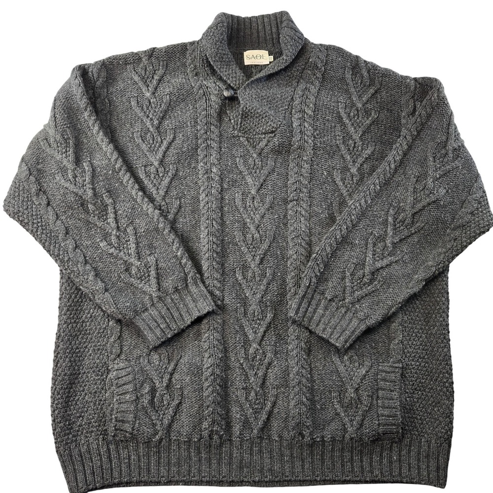 SAOI Sweater Mens M Gray Collared Cable-Knit‎ Pullover Heavyweight Wool Pockets